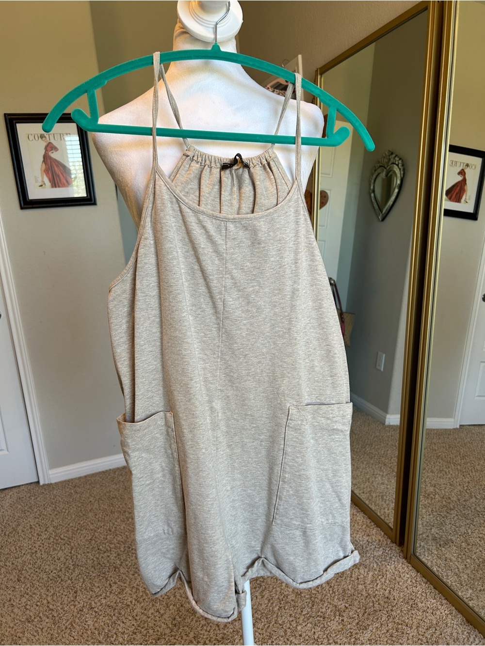Boho Sleeveless Shortsie Romper in Tan Oatmeal Size Medium